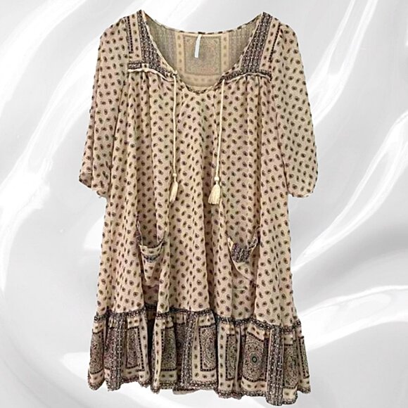 Free People Penny Lane Tea Cream Boho Paisley Floral Short Dress, Size XS - Picture 2 of 5